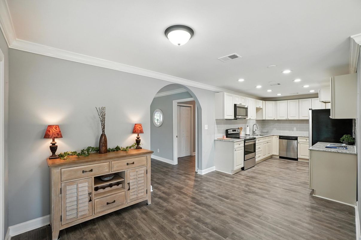Interior, Kitchen, Recessed Lighting, Stainless Steel Appliances, Wood Texture Flooring