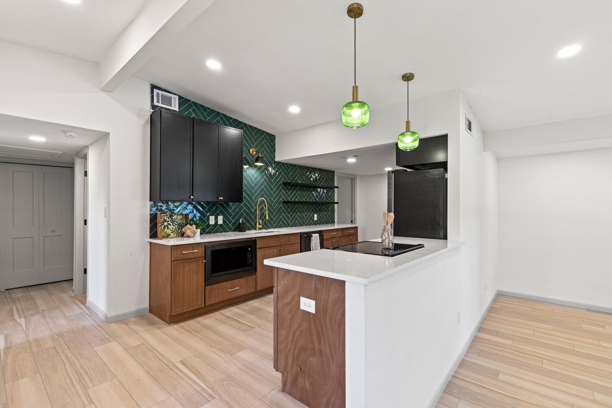 Interior, Kitchen, Pendant Lights, Recessed Lighting, Wood Texture Flooring