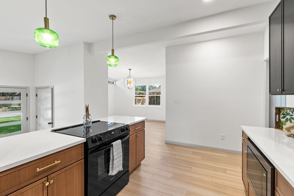Interior, Kitchen, Pendant Lights, Recessed Lighting, Wood Texture Flooring