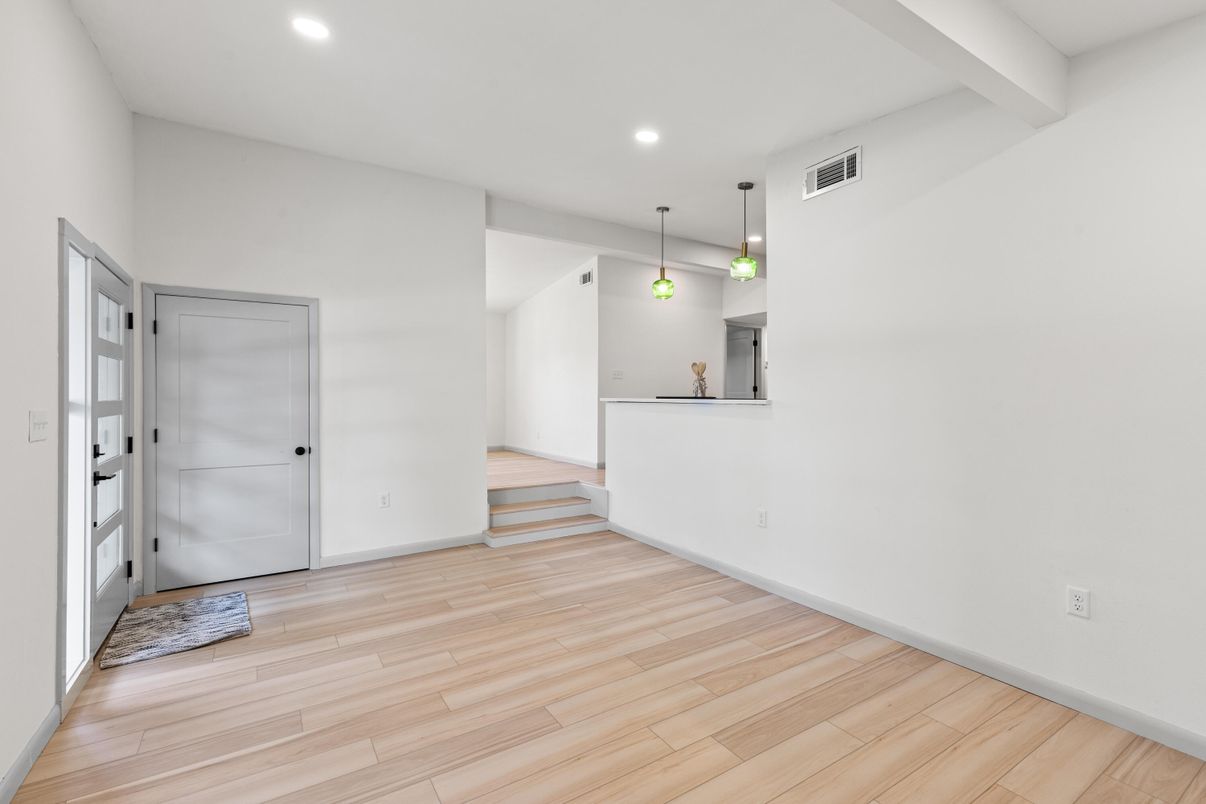 Empty room, Interior, Pendant Lights, Recessed Lighting, Wood Texture Flooring