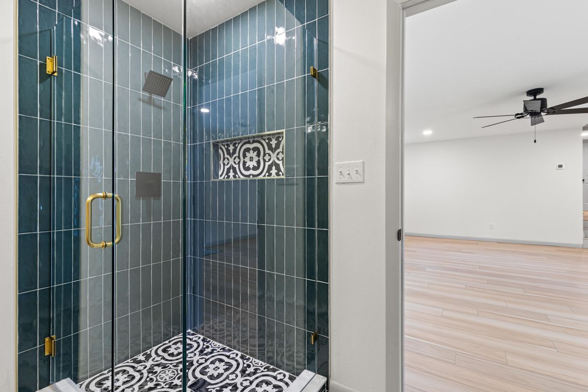 Bathroom, Glass Shower, Interior, Recessed Lighting, Wood Texture Flooring