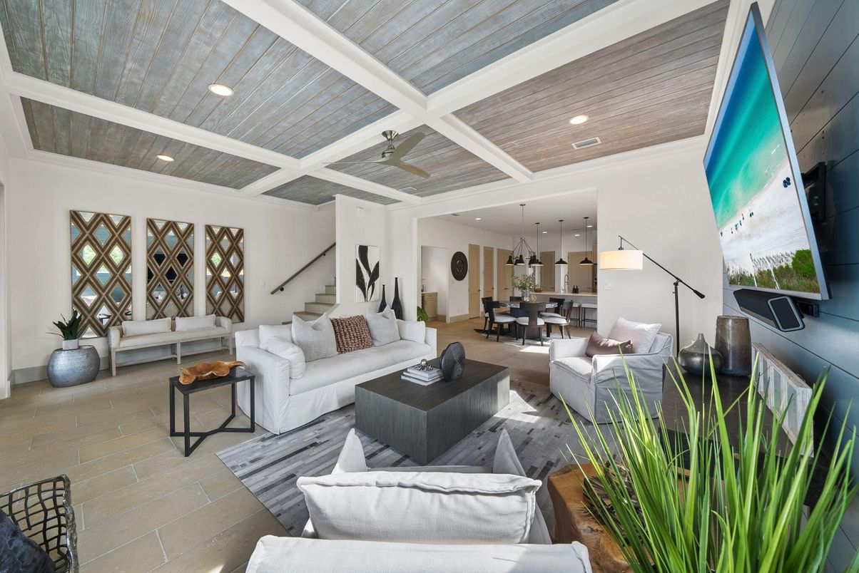 Dining room, Interior, Living room, Pendant Lights, Recessed Lighting, Wood Texture Flooring