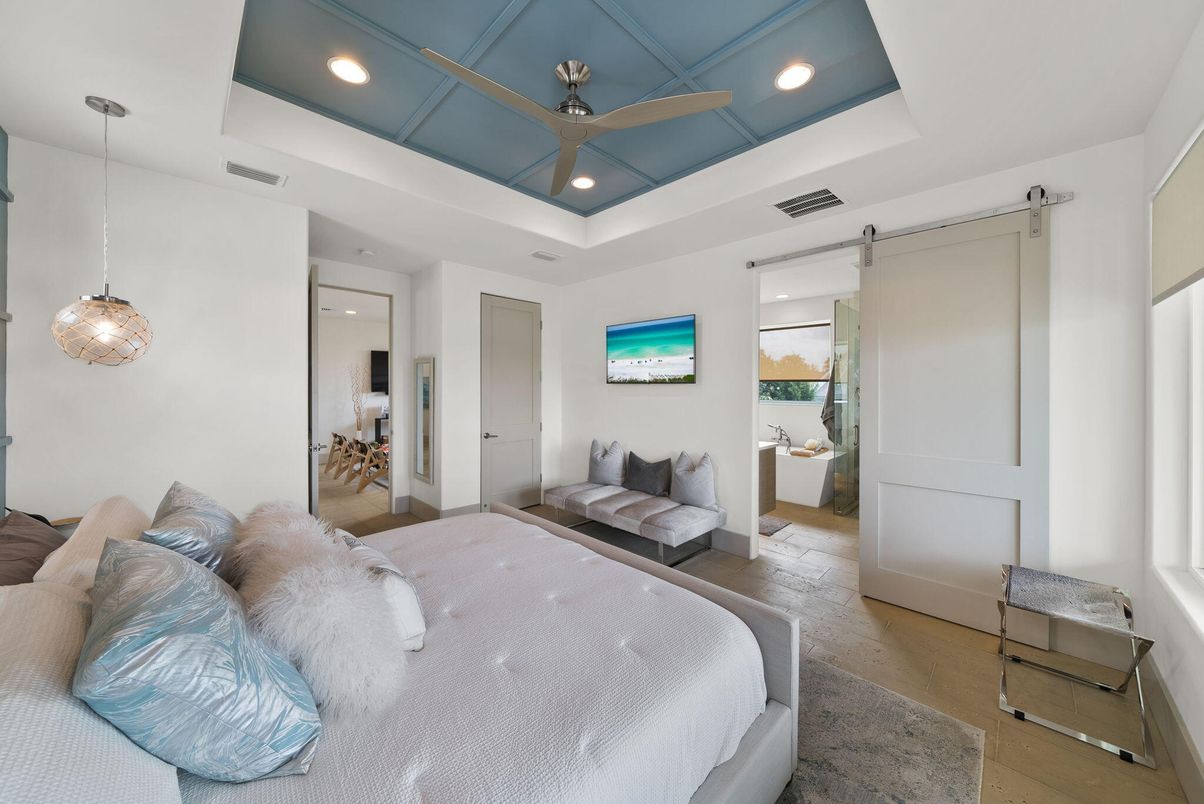 Bedroom, Interior, Pendant Lights, Recessed Lighting, Wood Texture Flooring