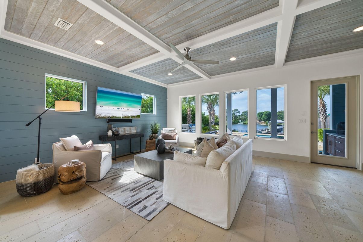 Interior, Living room, Recessed Lighting, Water, Wooden Ceilings