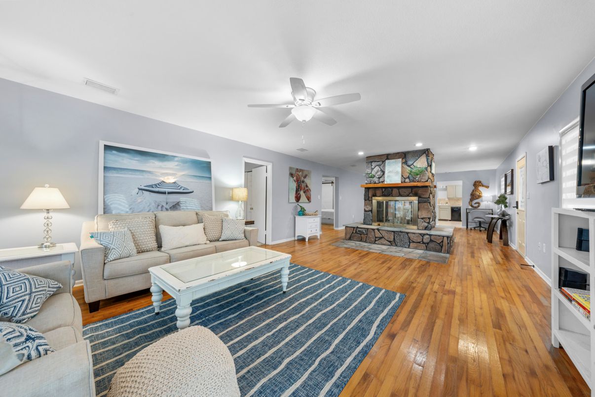 Fireplace, Interior, Living room, Recessed Lighting, Wood Texture Flooring
