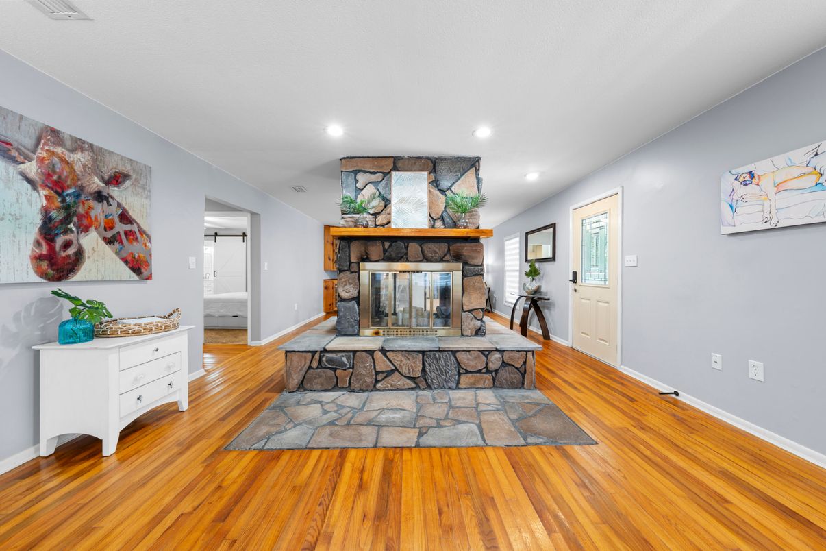 Fireplace, Interior, Recessed Lighting, Wood Texture Flooring
