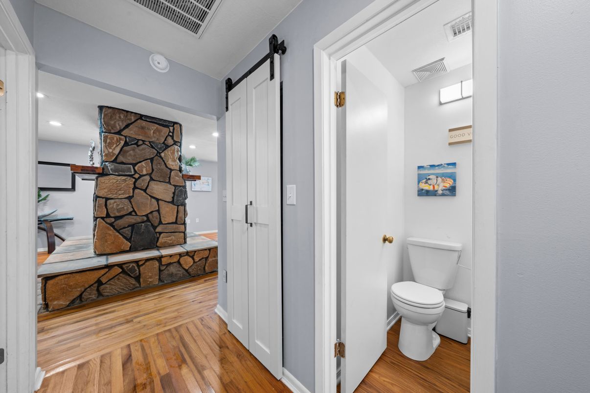 Bathroom, Interior, Recessed Lighting, Stone Walls, Wood Texture Flooring