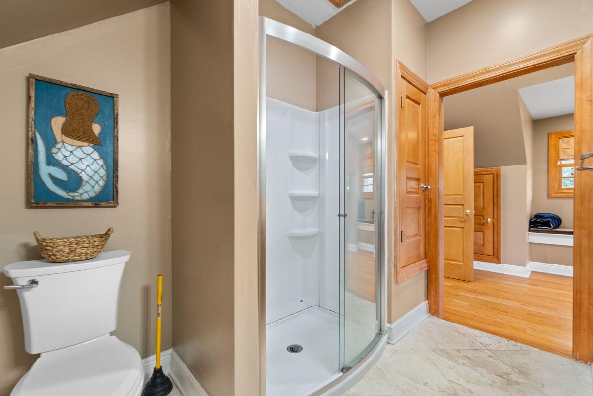 Bathroom, Glass Shower, Interior, Wood Texture Flooring