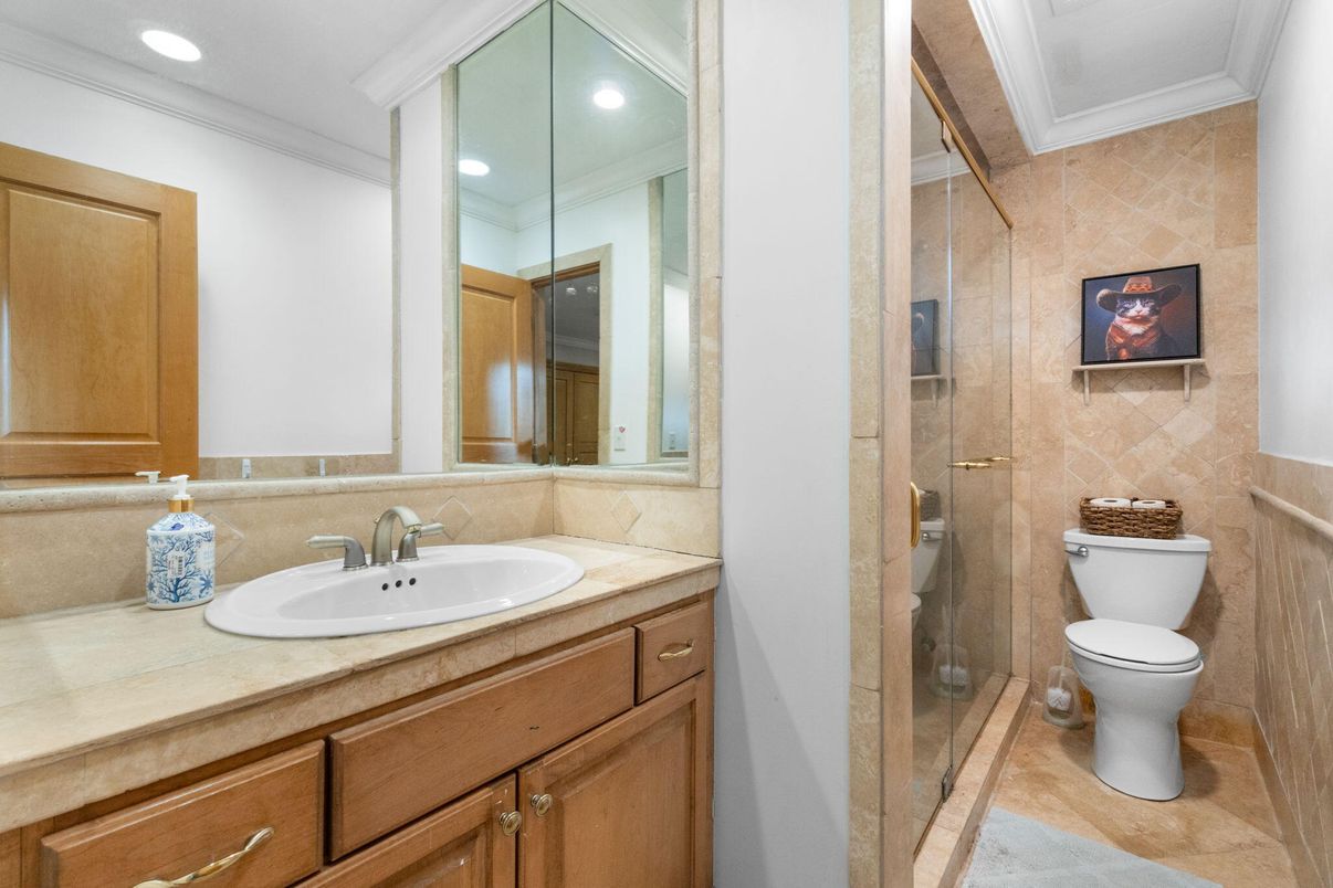 Bathroom, Glass Shower, Interior, Recessed Lighting, Tile Countertops