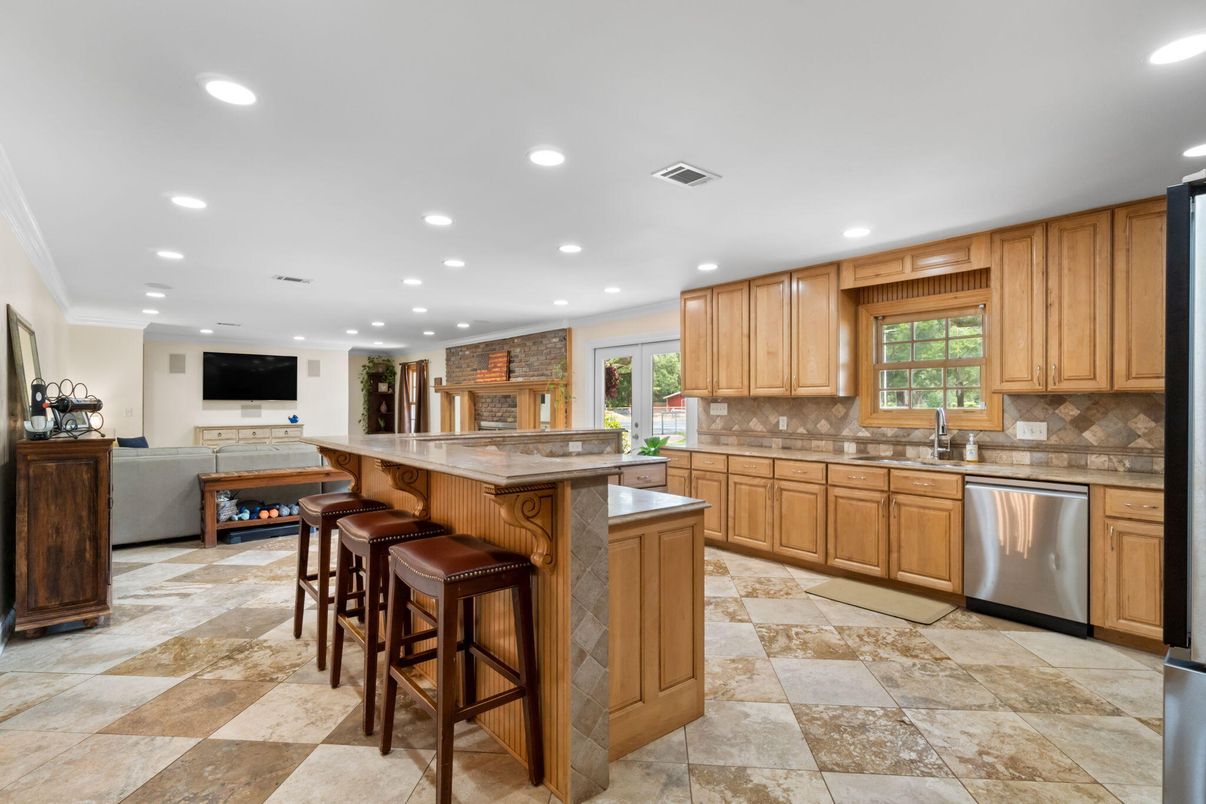 Fireplace, Interior, Kitchen, Recessed Lighting, Stainless Steel Appliances