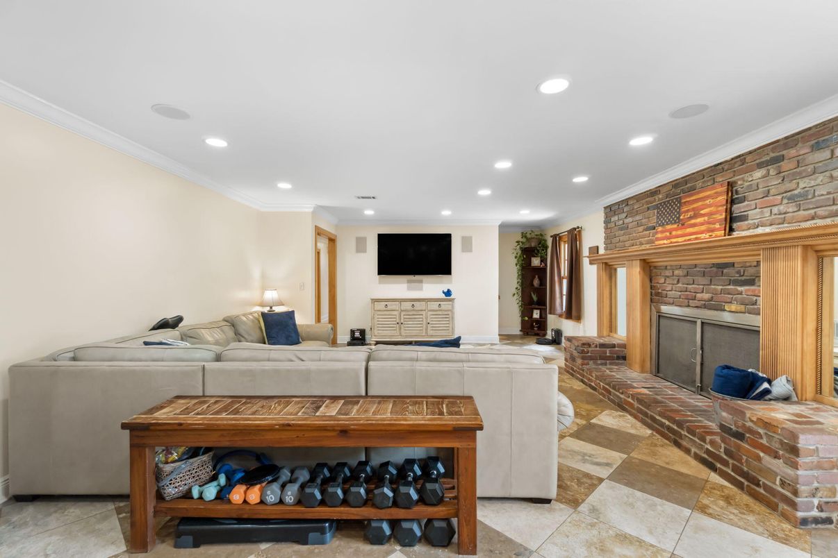Fireplace, Interior, Living room, Recessed Lighting, Stone Walls