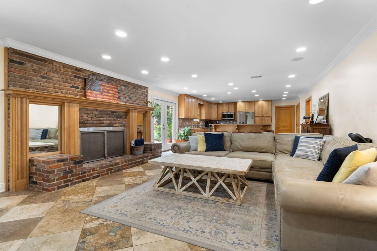 Fireplace, Interior, Kitchen, Living room, Recessed Lighting, Stone Walls