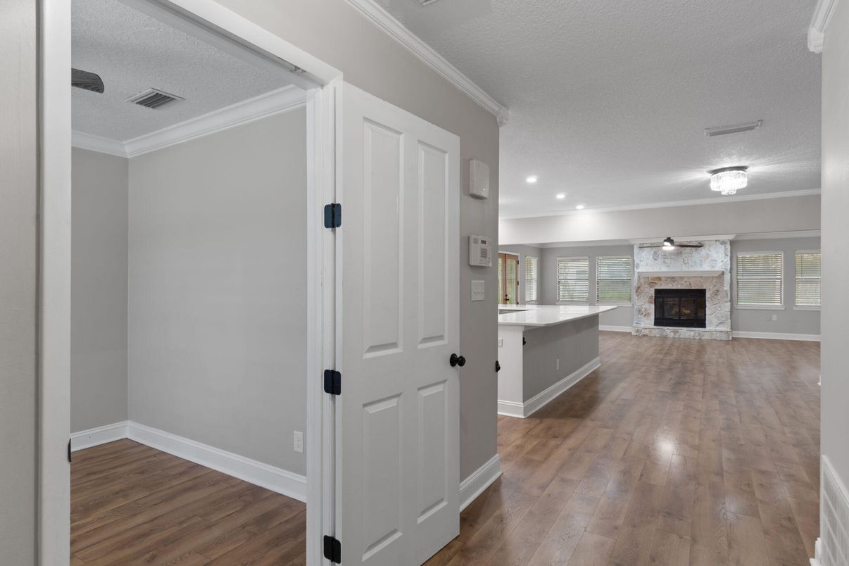 Empty room, Fireplace, Interior, Recessed Lighting, Wood Texture Flooring