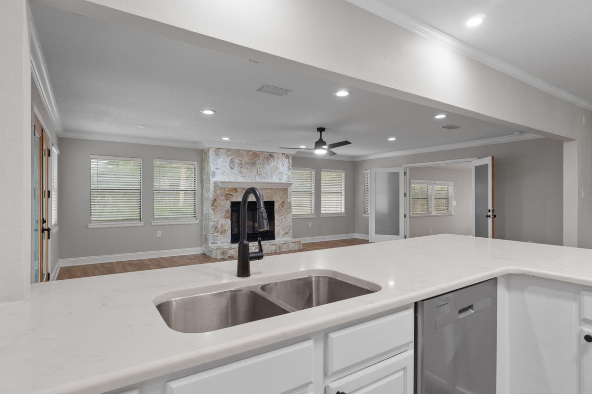 Fireplace, Interior, Kitchen, Recessed Lighting, Wood Texture Flooring
