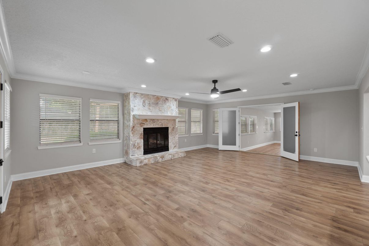 Empty room, Fireplace, Interior, Recessed Lighting, Wood Texture Flooring