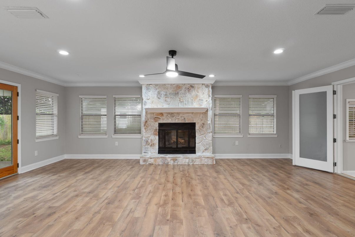 Empty room, Fireplace, Interior, Recessed Lighting, Wood Texture Flooring