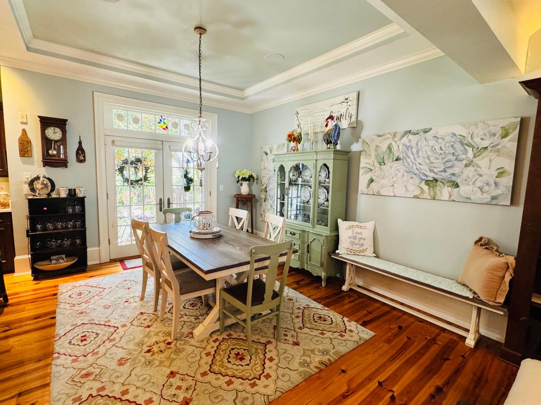 Chandelier, Dining room, Interior, Pendant Lights, Wood Texture Flooring