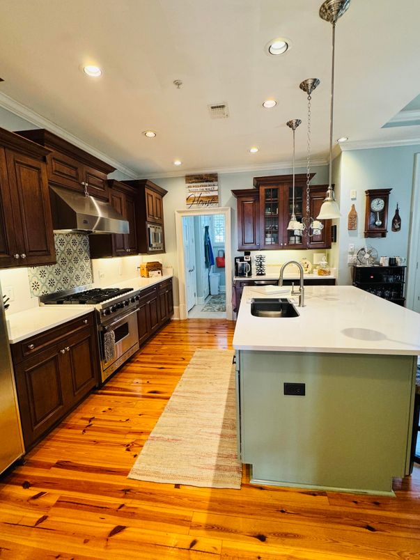 Interior, Kitchen, Pendant Lights, Recessed Lighting, Stainless Steel Appliances, Wood Texture Flooring