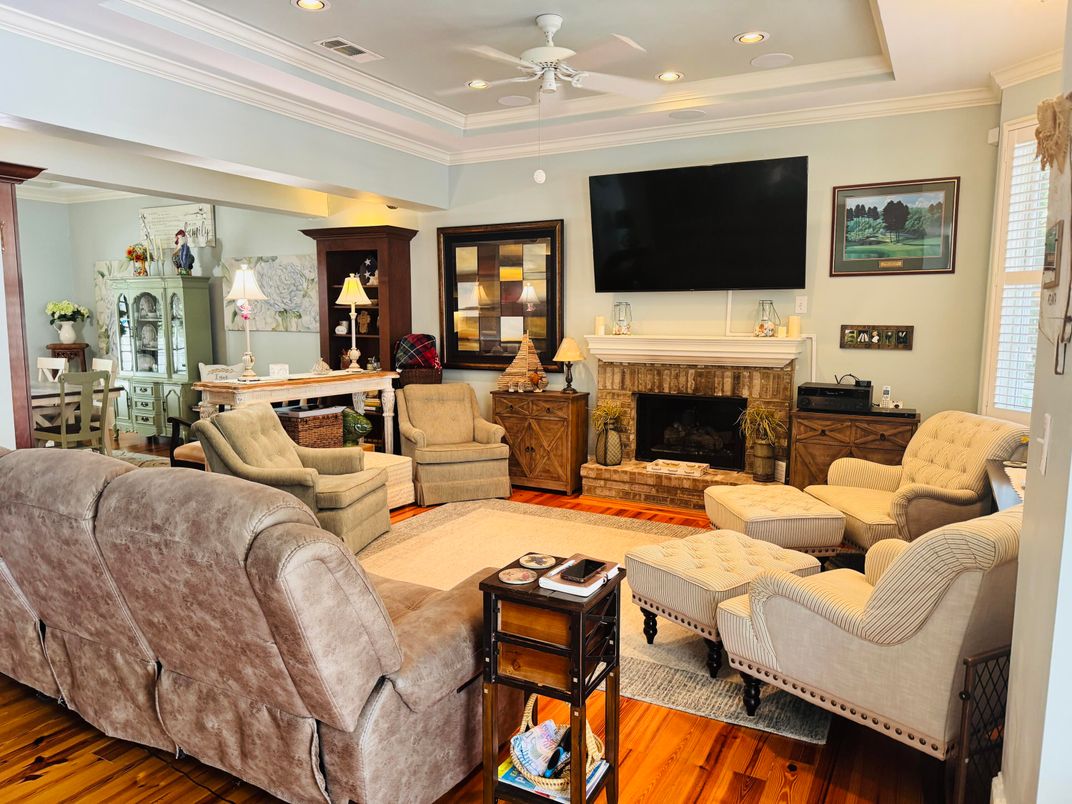 Fireplace, Interior, Living room, Recessed Lighting, Wood Texture Flooring