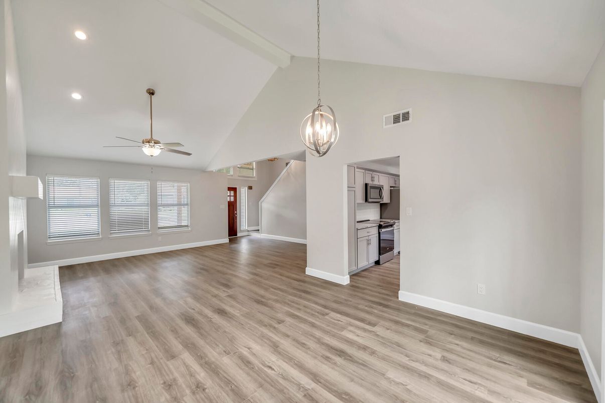 Empty room, Interior, Pendant Lights, Recessed Lighting, Wood Texture Flooring