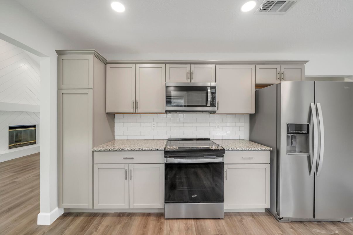 Interior, Kitchen, Recessed Lighting, Stainless Steel Appliances, Wood Texture Flooring