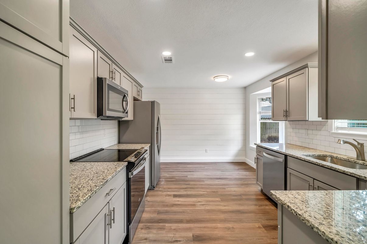 Interior, Kitchen, Recessed Lighting, Wood Texture Flooring