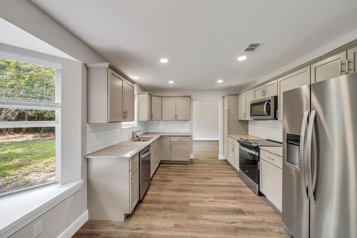 Interior, Kitchen, Recessed Lighting, Stainless Steel Appliances, Wood Texture Flooring