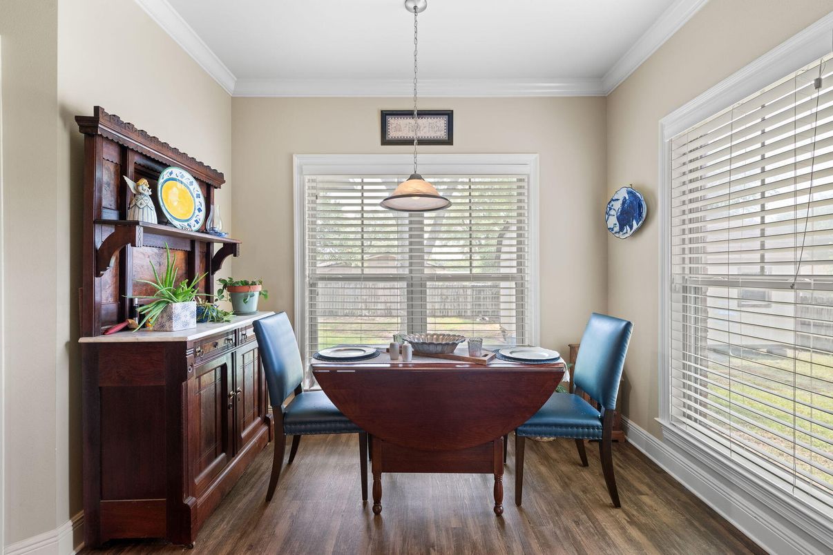 Dining room, Interior, Pendant Lights, Wood Texture Flooring