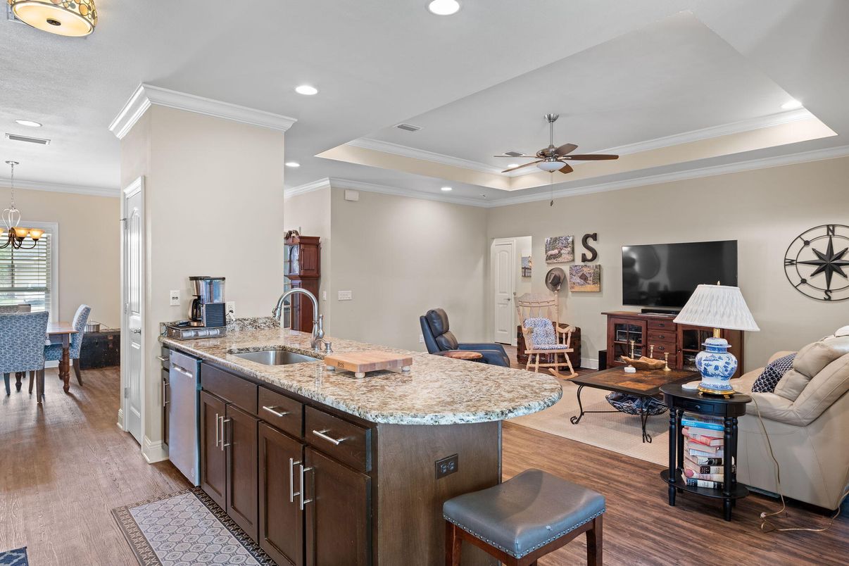 Dining room, Interior, Kitchen, Living room, Recessed Lighting, Wood Texture Flooring