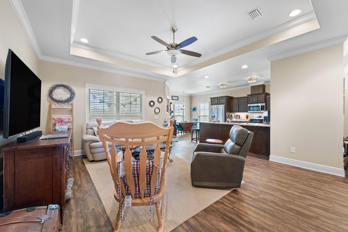 Dining room, Interior, Kitchen, Living room, Recessed Lighting, Wood Texture Flooring