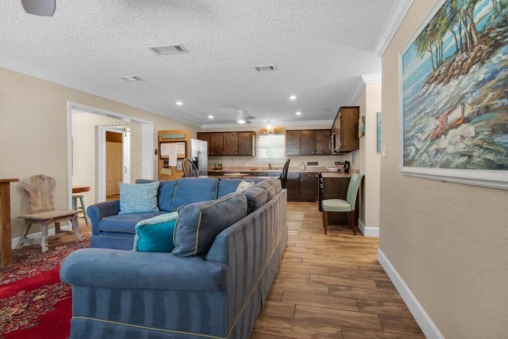 Dining room, Interior, Kitchen, Living room, Recessed Lighting, Wood Texture Flooring