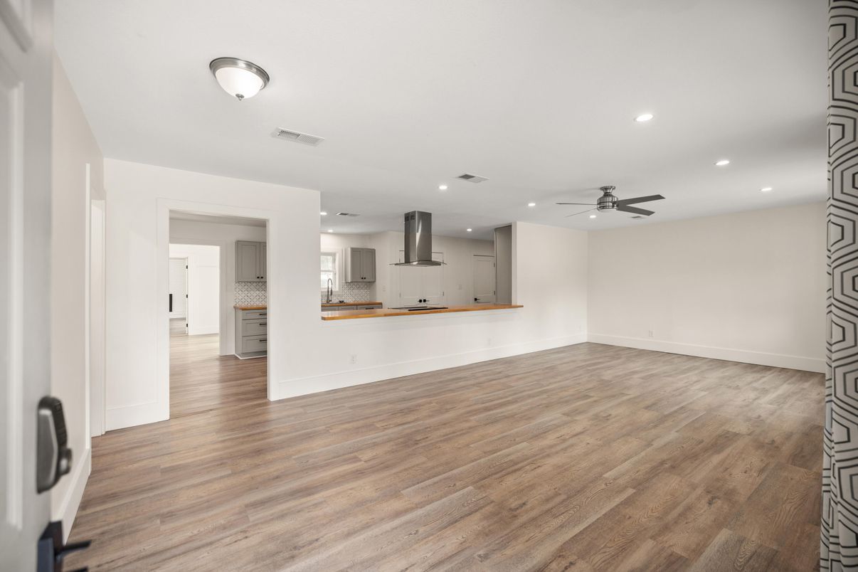 Empty room, Interior, Kitchen, Recessed Lighting, Wood Texture Flooring