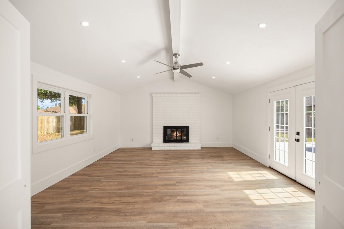 Empty room, Fireplace, Interior, Recessed Lighting, Wood Texture Flooring