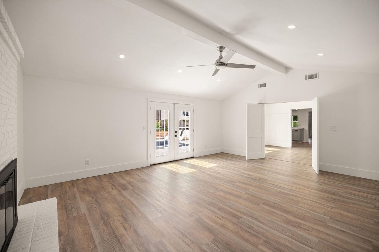 Empty room, Fireplace, Interior, Recessed Lighting, Wood Texture Flooring
