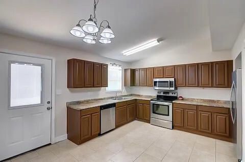 Chandelier, Interior, Kitchen, Stainless Steel Appliances