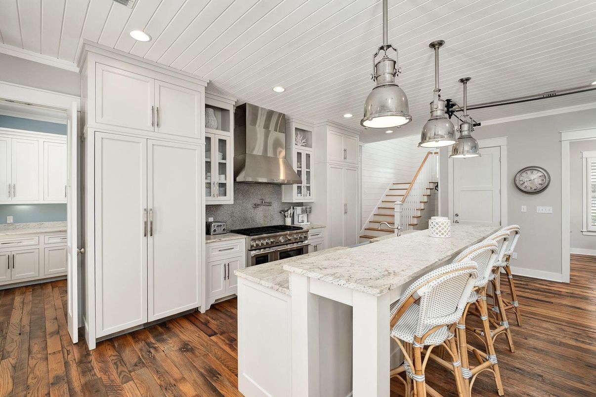 Interior, Kitchen, Pendant Lights, Recessed Lighting, Stainless Steel Appliances, Wood Texture Flooring