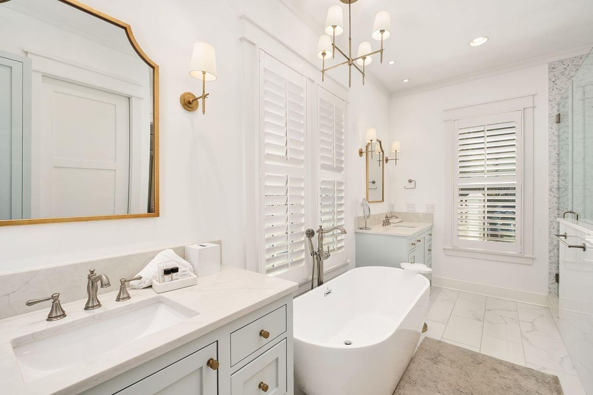 Bathroom, Dual Sink Vanities, Free Standing Baths, Interior, Marble, Pendant Lights, Recessed Lighting