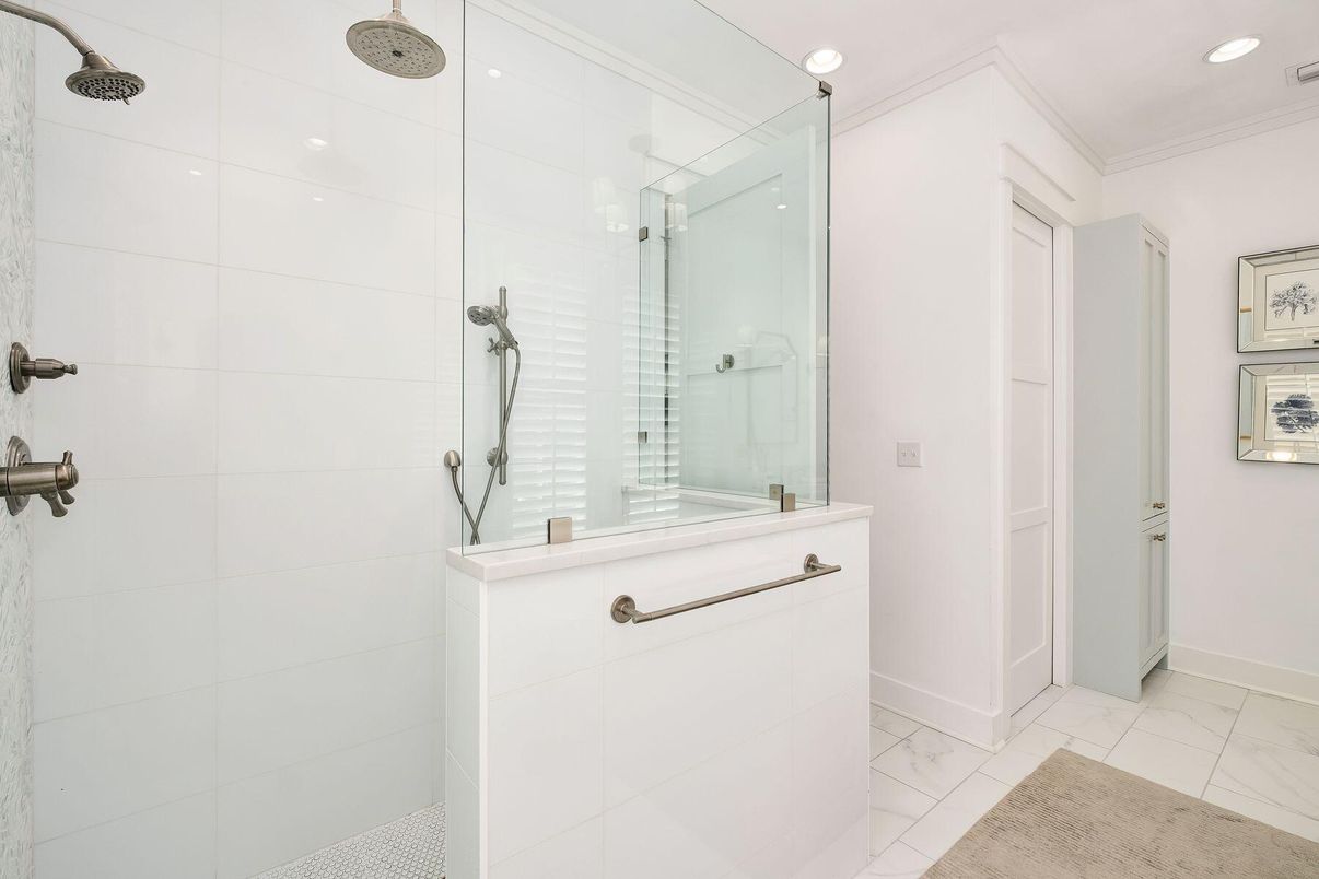 Bathroom, Glass Shower, Interior, Marble, Recessed Lighting