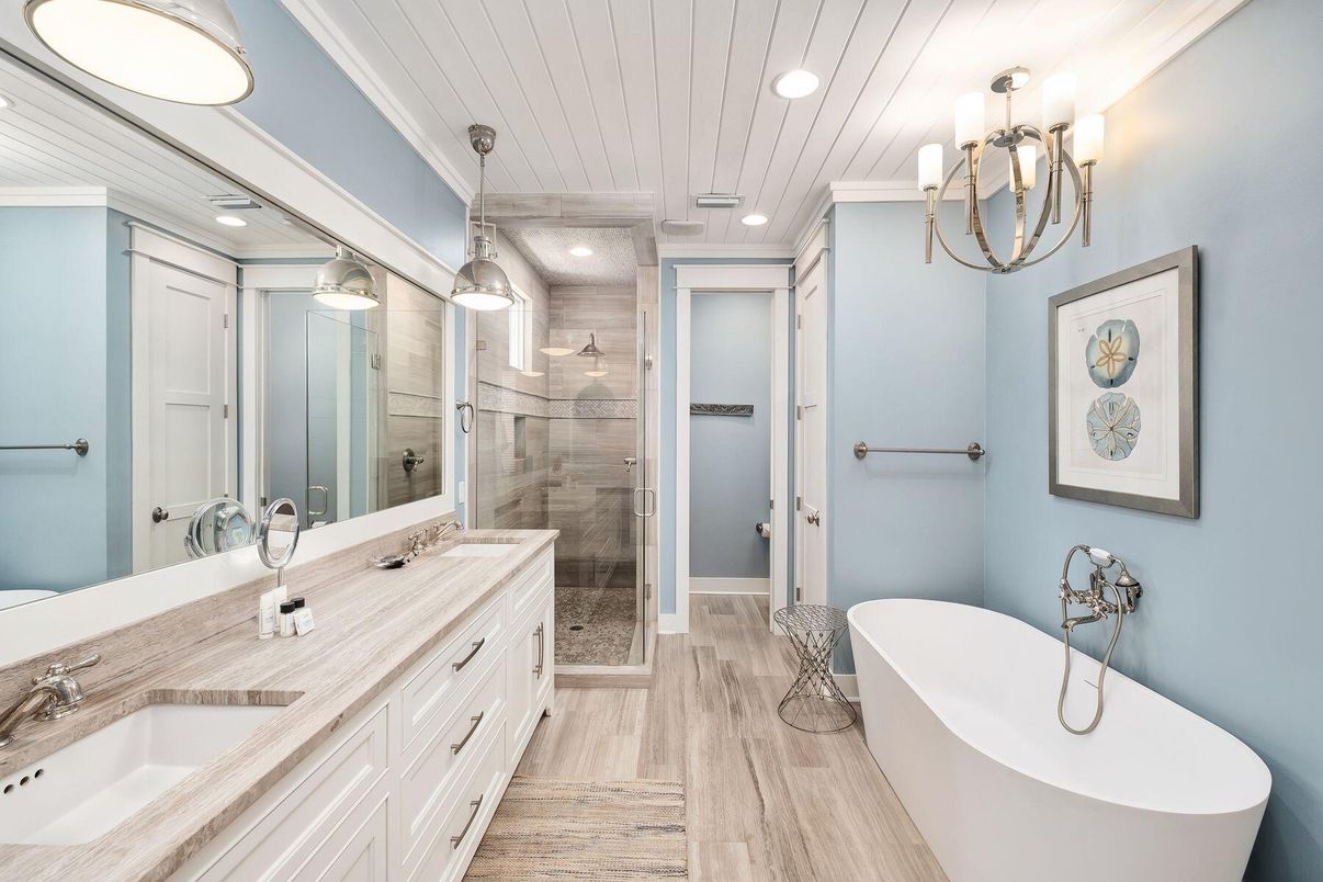 Bathroom, Dual Sink Vanities, Free Standing Baths, Glass Shower, Interior, Pendant Lights, Recessed Lighting, Wood Texture Flooring