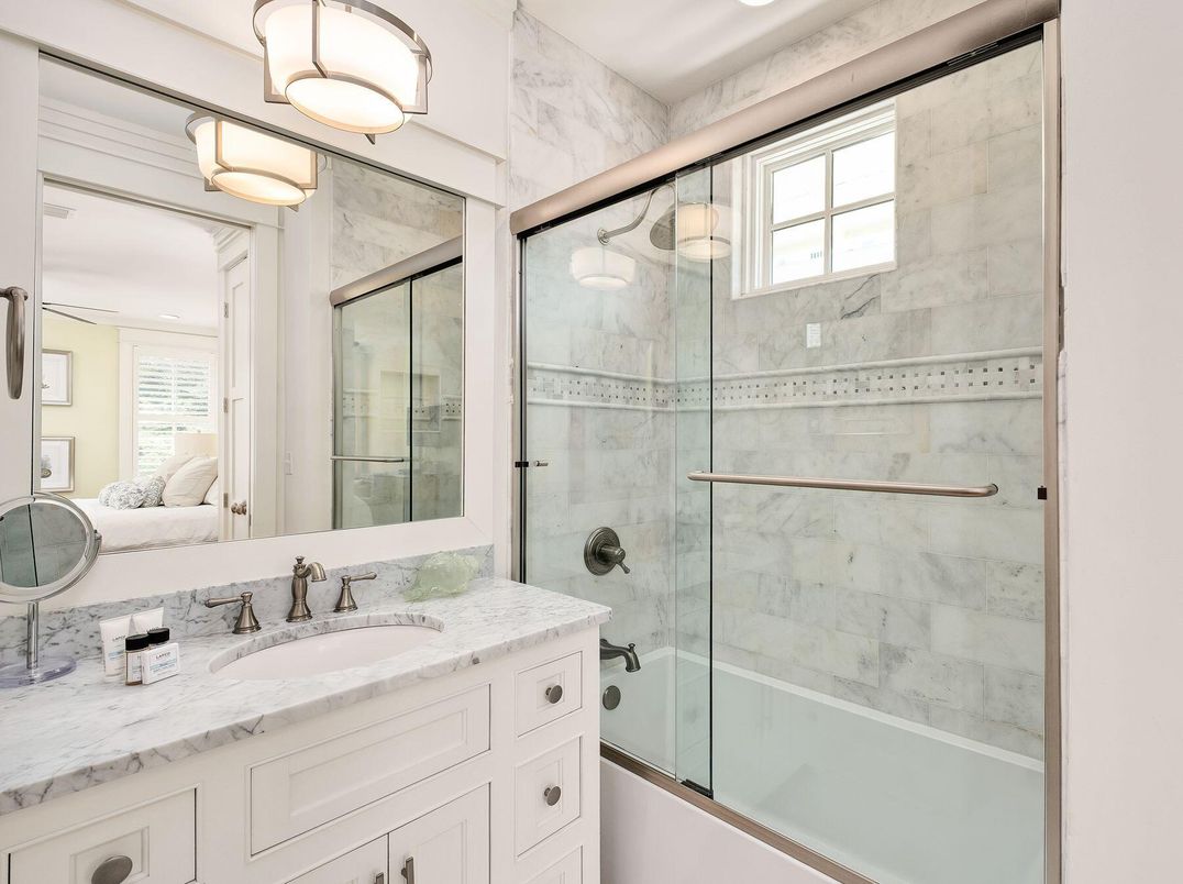 Bathroom, Glass Shower, Interior, Marble Walls, Recessed Lighting