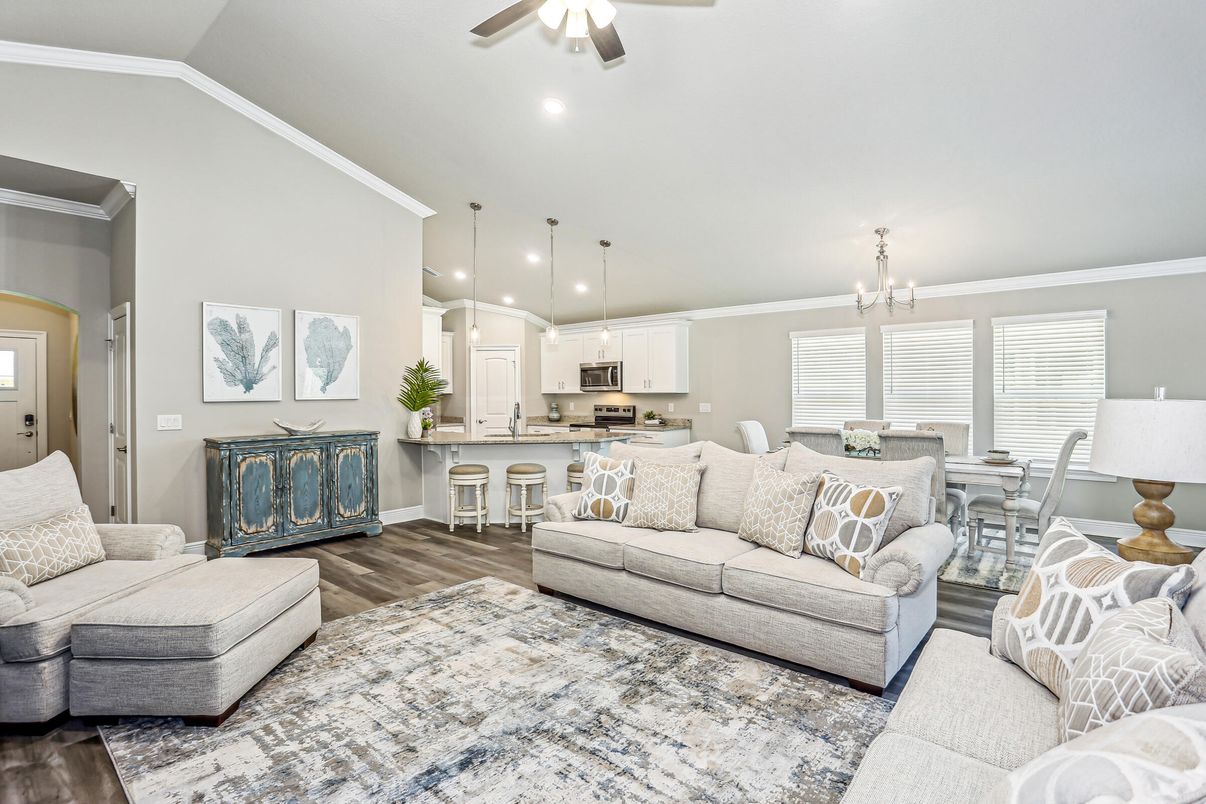 Dining room, Interior, Kitchen, Living room, Pendant Lights, Recessed Lighting, Stainless Steel Appliances, Wood Texture Flooring