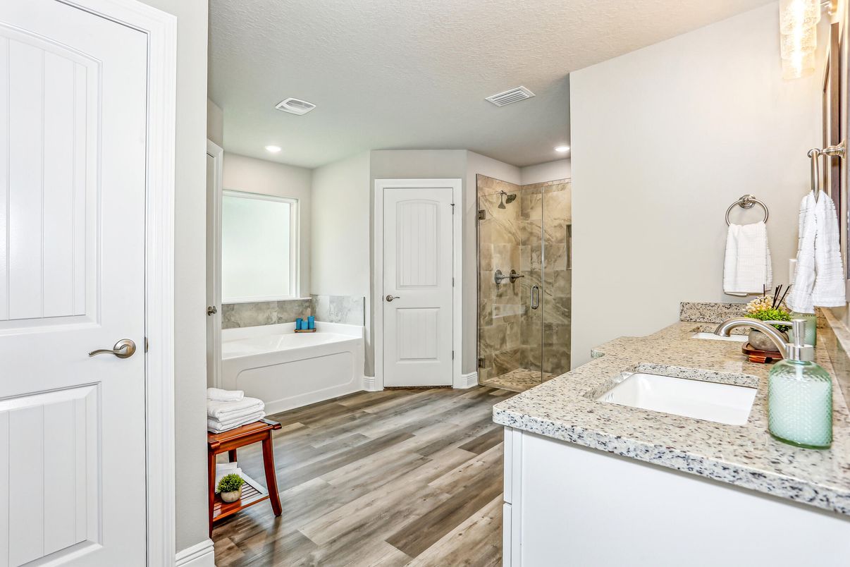 Bathroom, Glass Shower, Interior, Recessed Lighting, Wood Texture Flooring