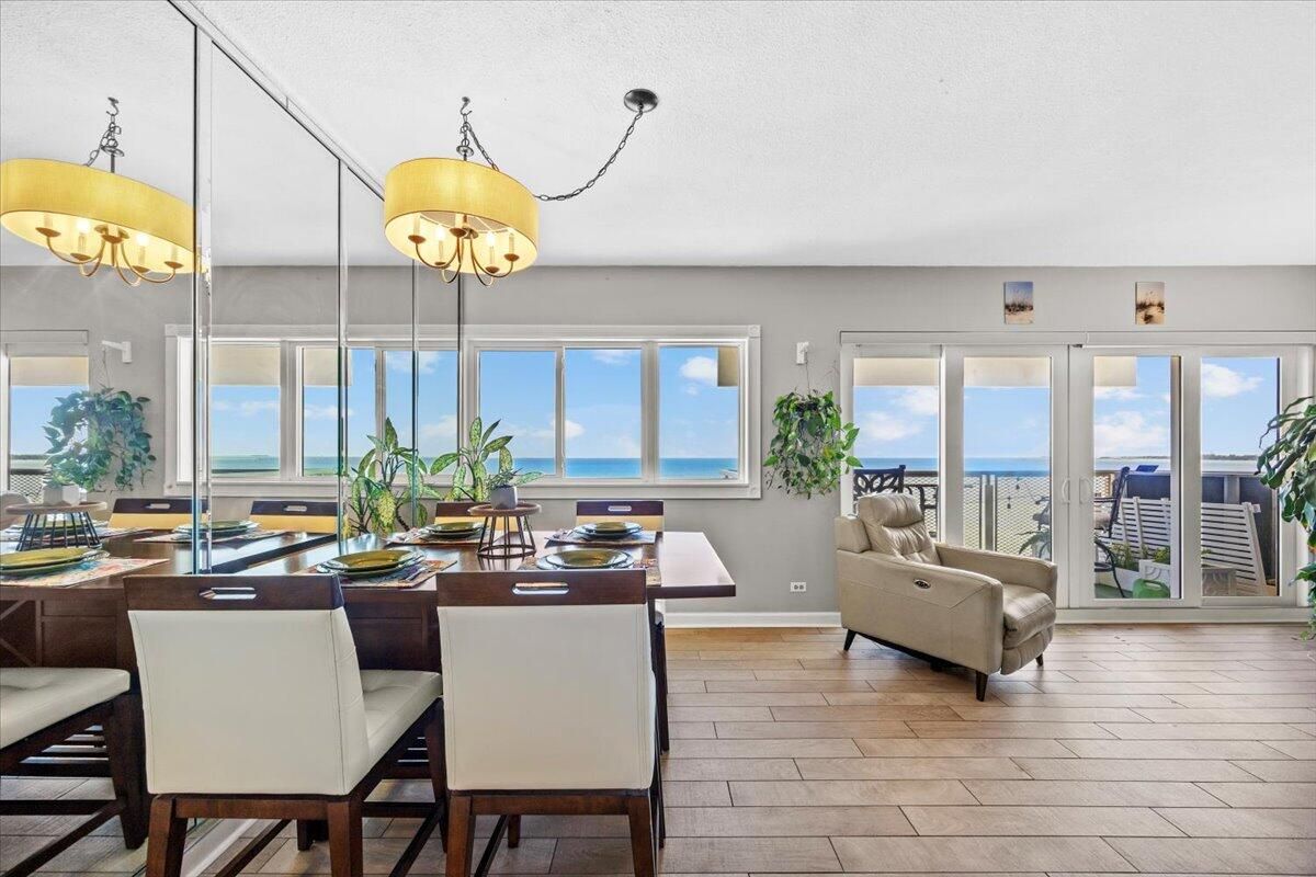 Chandelier, Dining room, Interior, Water, Wood Texture Flooring
