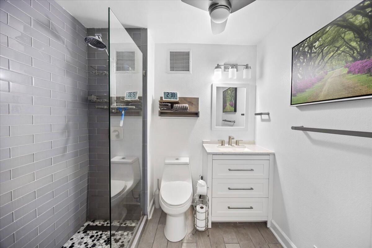 Bathroom, Glass Shower, Interior, Wood Texture Flooring