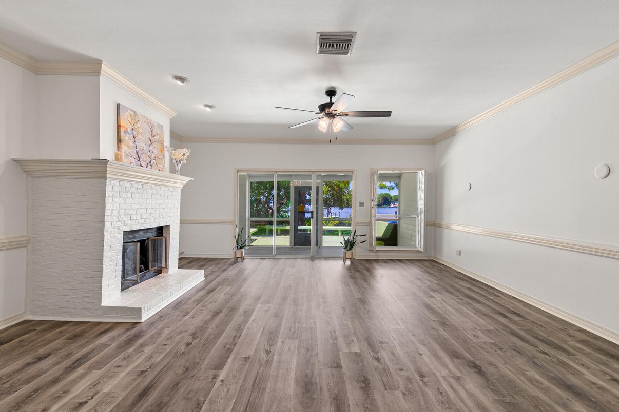 Empty room, Fireplace, Interior, Recessed Lighting, Wood Texture Flooring