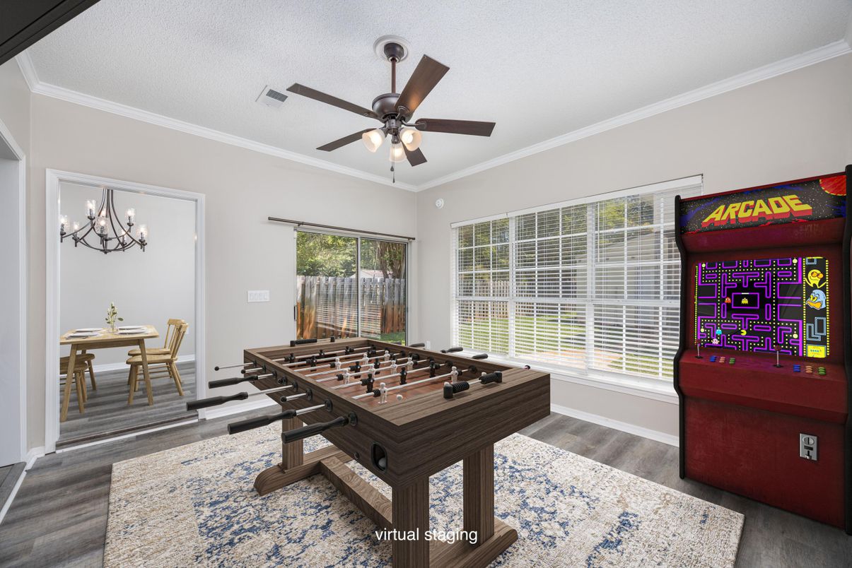 Chandelier, Game Room, Interior, Wood Texture Flooring