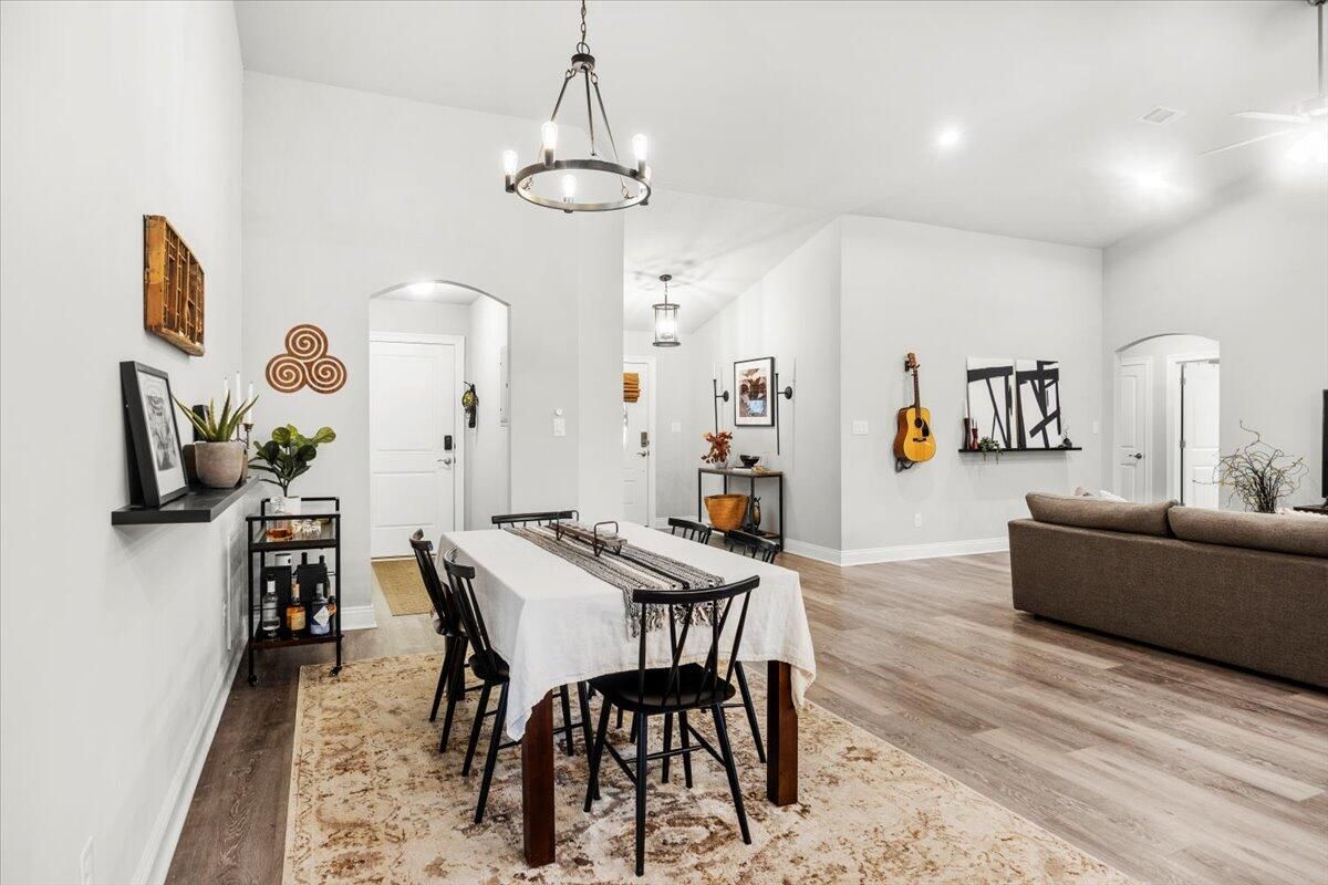 Dining room, Interior, Pendant Lights, Recessed Lighting, Wood Texture Flooring