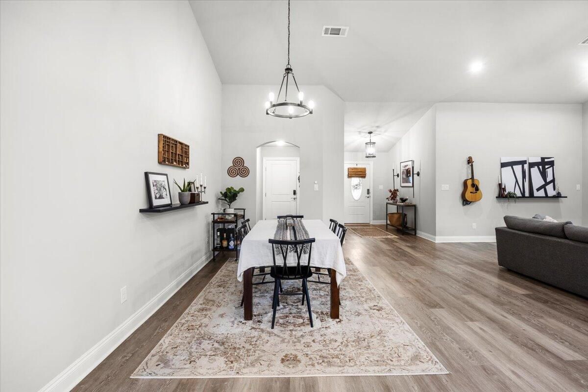 Dining room, Interior, Pendant Lights, Recessed Lighting, Wood Texture Flooring