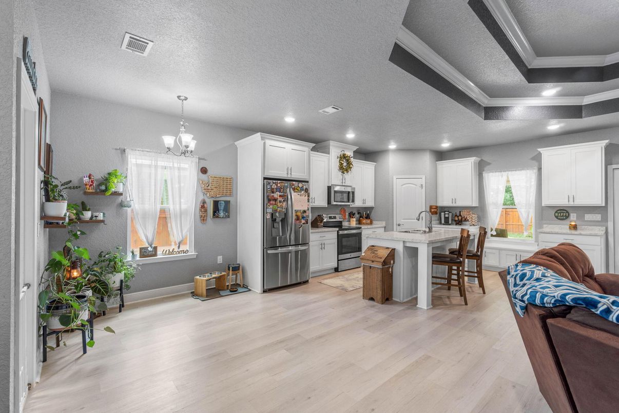 Chandelier, Interior, Kitchen, Recessed Lighting, Wood Texture Flooring