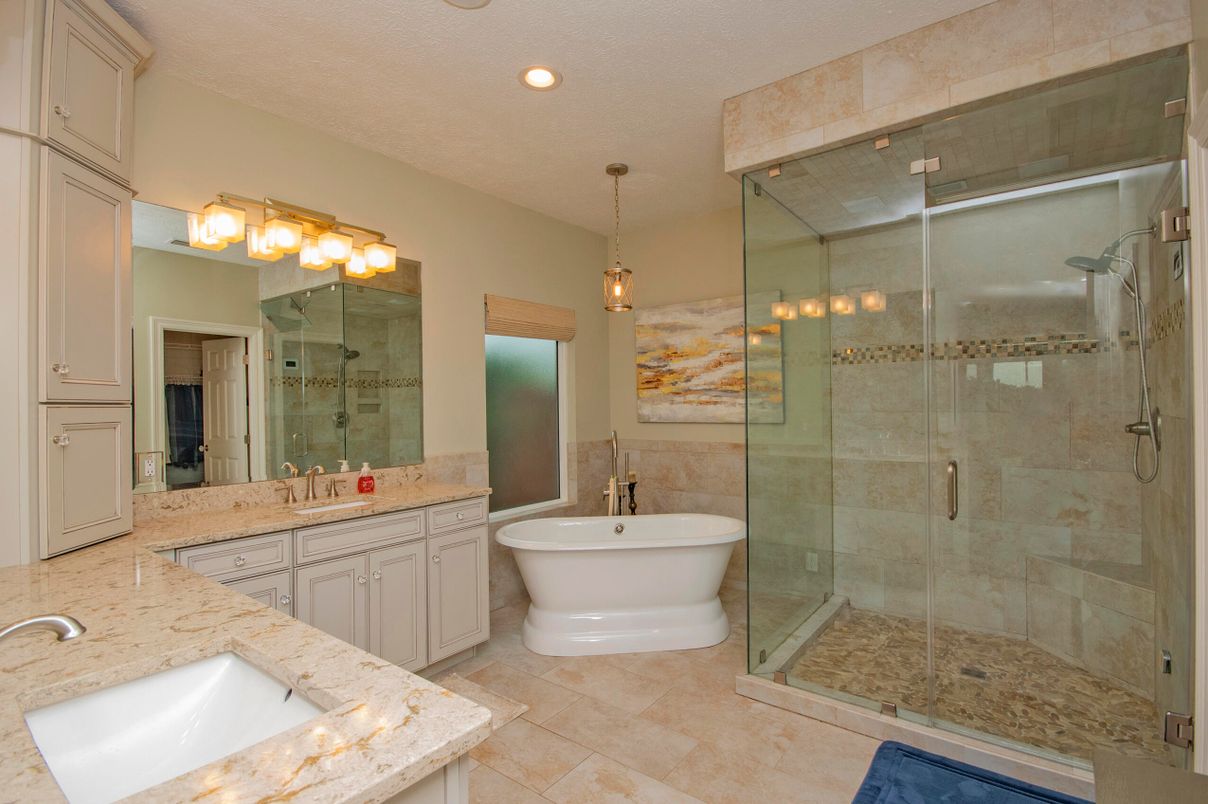 Bathroom, Dual Sink Vanities, Free Standing Baths, Glass Shower, Interior, Pendant Lights, Recessed Lighting
